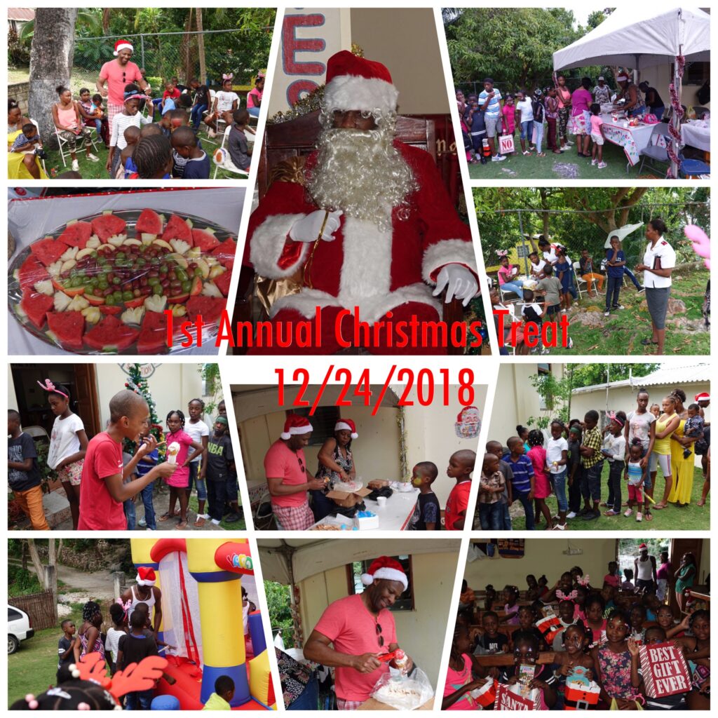 Children celebrate the 1st Annual Christmas Treat with festive activities, treats, and Santa Claus on December 24, 2018, in a lively outdoor setting.