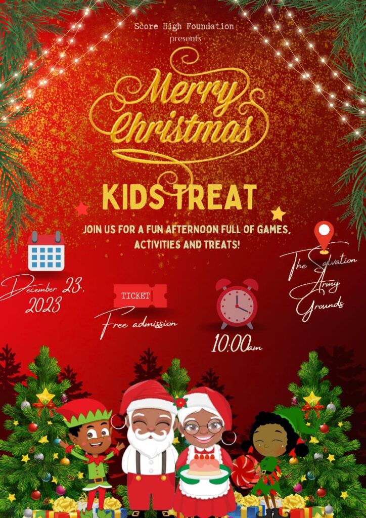 Merry Christmas Kids Treat event on December 23, 2023, at Salvation Army Grounds, featuring games, activities, and free admission.