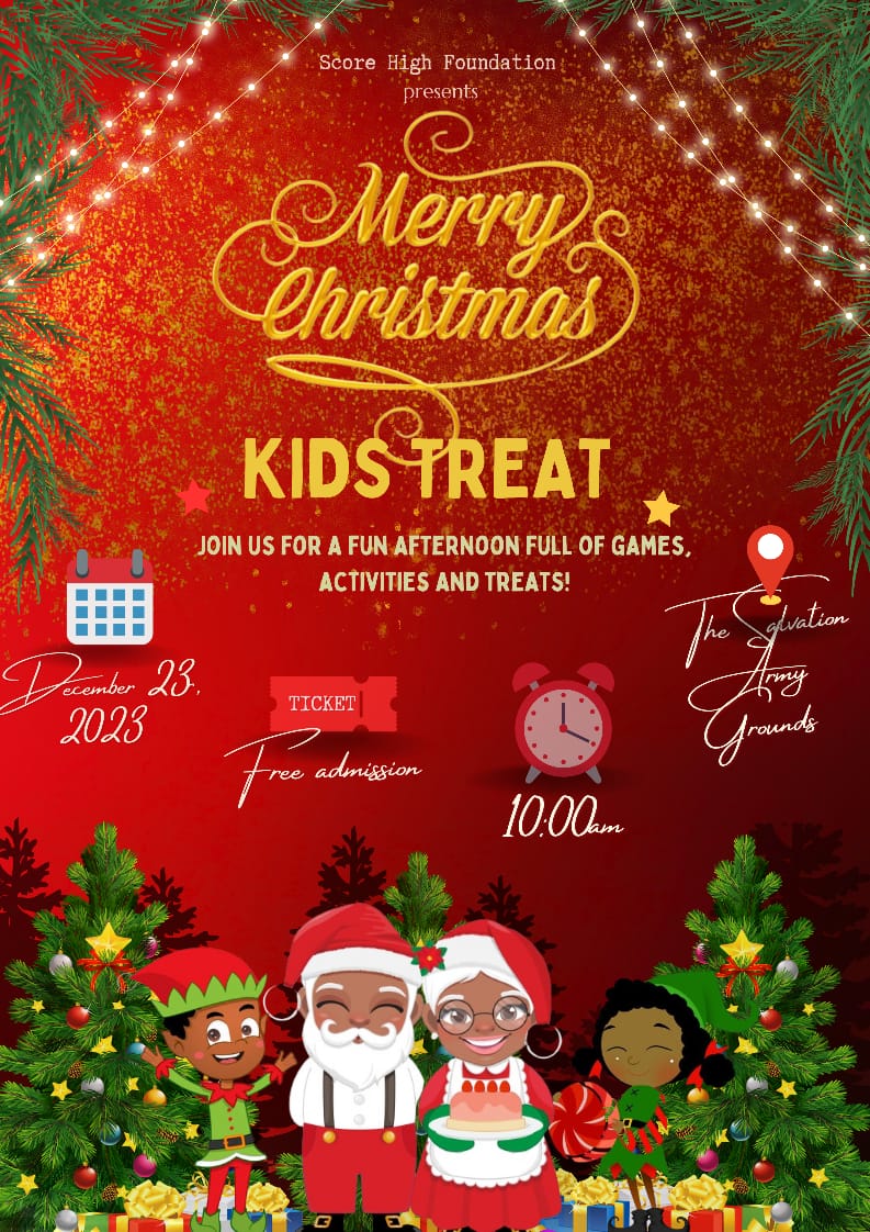 Merry Christmas Kids Treat event on December 23, 2023, at Salvation Army Grounds, featuring games, activities, and free admission.